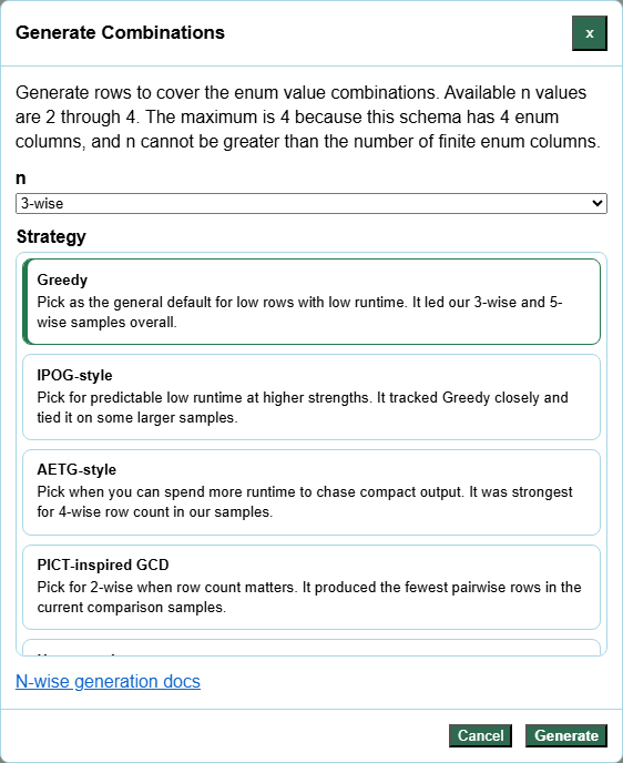 N-wise combinations dialog